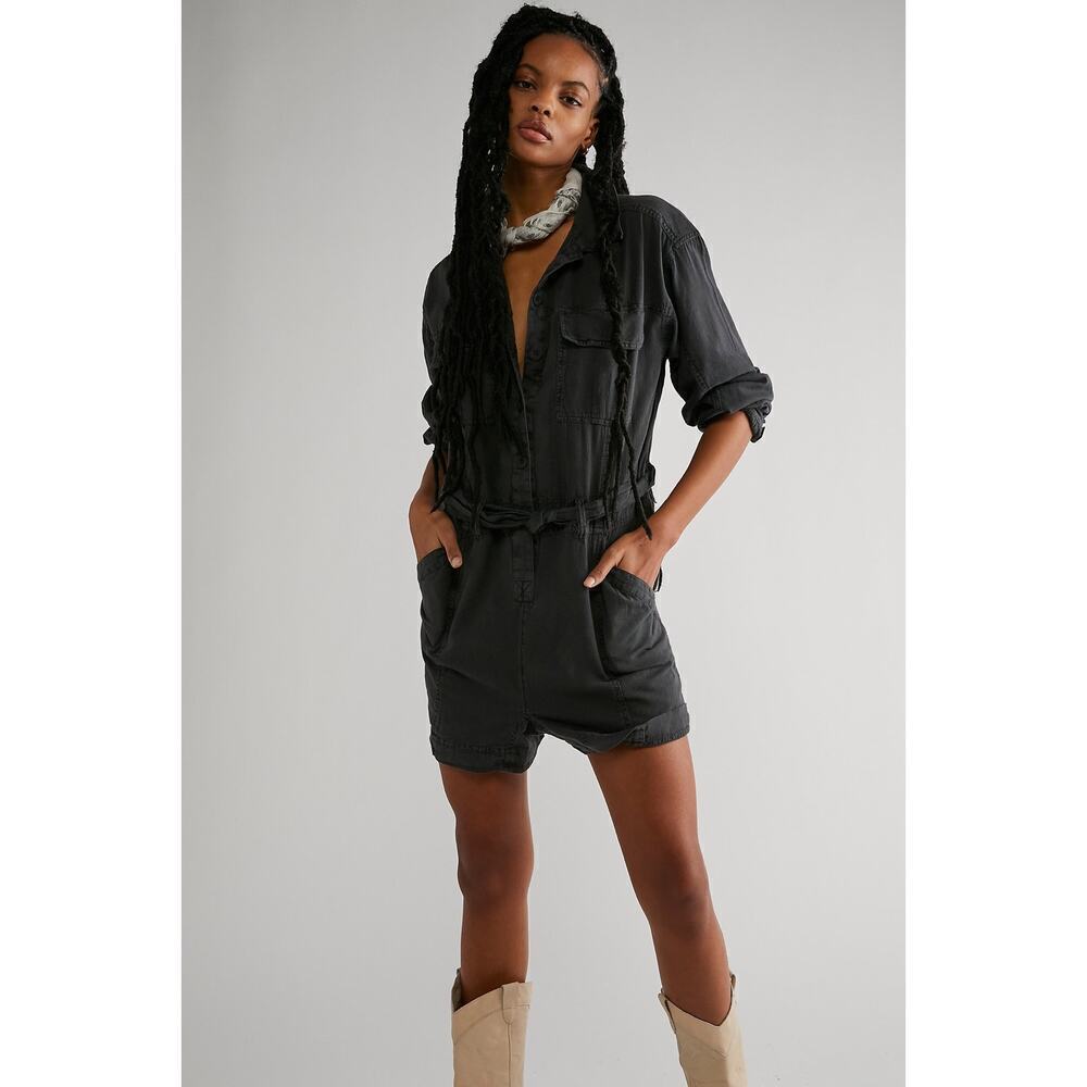Free People Beyond Horizons Harem Shortall Washed Black Denim Size Small